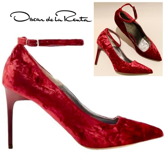 Oscar de la Renta Shoe Red Velvet Heels Stiletto Heel Dress Designer Shoes 37.5 - Picture 1 of 16